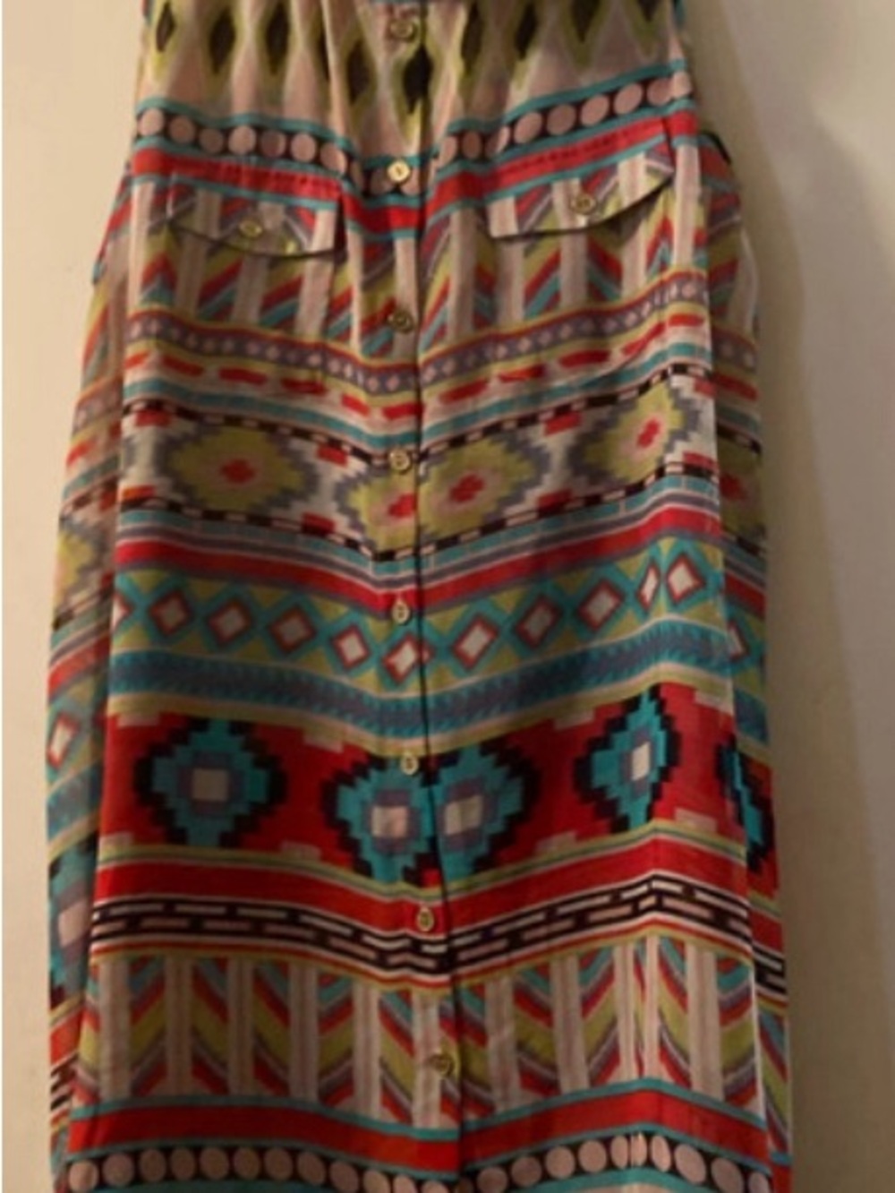 BCBGMaxAzria Multicolor Aztec-Print Button-Front sleeveless blouse.